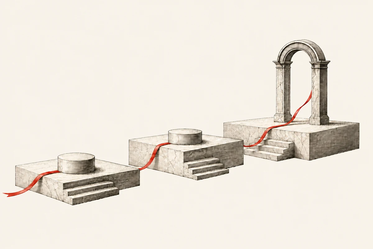 Three engraved architectural arches representing staged product validation